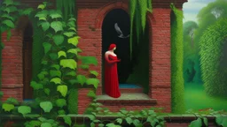 This surrealist painting depicts an old brick wall with a window, through which a weathered and cracked classical statue covered in moss can be seen. The statue, a female torso, stands in a garden with a lake in the background. The window is barred, and ivy climbs up the sides of the brick wall. In the foreground, a red and black crow perches on the windowsill. The lighting is soft and diffuse, creating a dreamlike atmosphere.