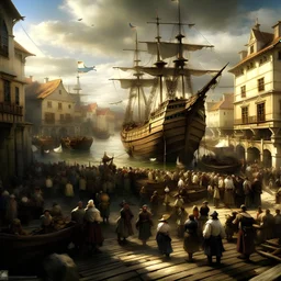 crowded 18th century harbor digital art realistic