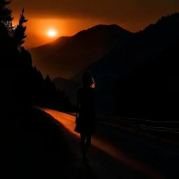 dark night, silhouette of a woman in a sleeveless top, mountains and forests next to the road, a beautiful orange sunrise in the distance, photo quality