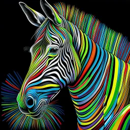 striking conceptual Op Art masterpiece by Heimo Zobernig, featuring intricate manipulation of vivid colorful stroke width and spacing to create a mesmerizing optical illusion of distorted vertical stripes. These stripes evoke a sense of depth and volume, serving as a captivating backdrop for the enigmatic, dark-fantasy inspired colorful zebra's head. The zebra head is rendered with a compelling blend of 3D rendering, photorealism, and painterly technique, exuding an air of