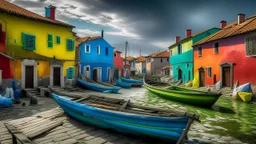 Venecia: la isla de Burano con sus casas de colores, estilo de Hokusai (olas y paisajes japoneses aplicados), durante un eclipse solar parcial (luz surreal), bancos de piedra donde se sientan locales, en un día de viento fuerte que agita las banderas. Detallado, atmosférico, alta calidad.