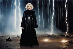 [color photo by Helmut Newton] a chilling scene unfolded with scary giant mascot puppets and undead slime teddy bear mascots. Marilyn Monroe dressed in a black nun costume with 70s hair, stood amidst bolts of electric arcs and glitter in the air with lightning crackling around her. The surreal mix of horror and beauty captured on film created a haunting fear and fascination, a line of nightmare.