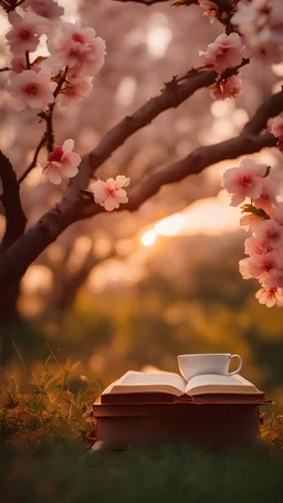 open book, blooming peach orchard on background, two cups of tea, Chinese vibe, sunset light, f/1.8, 35mm, Canon DSRL 5 Lens, cinematic lightning