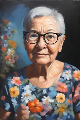 Oil paint on canvas, chiaroscuro, deep shadows, masterpiece, happy, 2020 caught off guard, 79-year-old Phyllis Kendall, short buzz-cut straight, dark salt and pepper hair, overweight, blue eyes, great big, round lensed eyeglasses, wearing a black, floral print, short-sleeved, pull-over shirt, dark blue sweatpants, sitting at the computer checking her emails