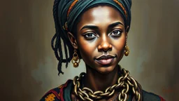 oil portrait of a carefree female hobbit warlock from Senegal with a large chain about the neck