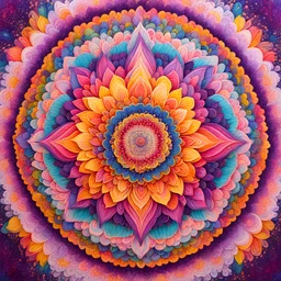 Radiating from the sun, the mandala expands with an array of vivid hues. Imagine petals in shades of soft pastel pinks, gentle lavender, and cheerful yellow, each one meticulously detailed with intricate designs. These petals intertwine and overlap, creating a mesmerizing dance of colors and shapes. As your eyes trace the outer edges of the mandala, envision the emergence of lush green leaves, symbolizing the growth and vitality of Spring. These leaves, like a lush canopy, embrace the mandala, f