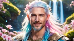 Photo realistic portrait of a gorgeous smiling skinny viking god with a golden dark shining skin, long smooth clear turquoise blue and pink white hair, blue eyes, in a sci-fi outfit with luminous strikes blowing a kiss in a hill of flowers with sakura trees, a waterfall, a crystal palace, loads of mini flowers, moss, sun rays through the branches, particles in the air at spring. Intricated details,