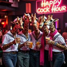 very Gay Giraffes sailors with white shirts and berets and tight jeans standing in a bar drinking drinks with umbrellas, pride, makeup, smoking cigaretts, smiling, sparkling eyes, very happy, after dark, pink scarf, happy hour drinks neon signs, necking, happy cock hour, pride, pride and pride