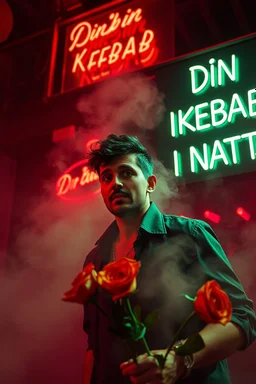 An spanish Guy with big eyes "Enrique" performing at dance club, his name is "Enrique" Red roses On stage, red Neon lights and smog, and "Din KEBAB I NATT" big sign on the wall, seranade under balcony
