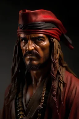 Jack Sparrow pirate, dark red headscarf, half body height ultra realistic