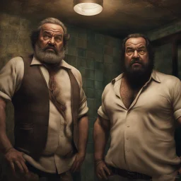 two ugly angry muscular chubby arabs 40 years old similar to bud spencer, very detailed, full figure shot, very realistic photography, dim light, view from below, tiled restroom, tattoo, masculine bearded, mature barely burly bearded muscled and robust, photorealistic