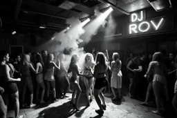 dans golv på en nedsliten sunkig techno club, många personer som dansar, yppiga lättklädda kvinnor, scen rök och ljus strobes, svartvit bild, en del personer ser in i kameran och skriker: "Benny!" och en Neon Skylt med texten "DJ ROY" på väggen