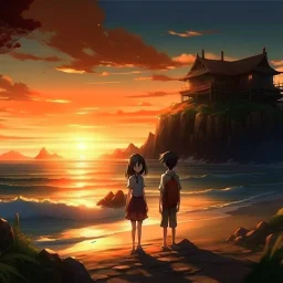 boy and girl, anime style, sunset, beach, rocks, mountains, house