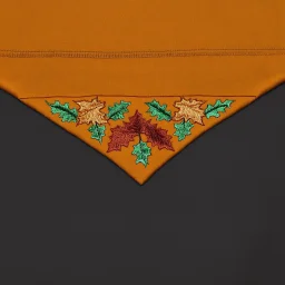 an autumn colored textured cloth embroidered with ornamental leaves and cattle, pointed bottom, on darker textile background, embroidered text across top, western textile art design