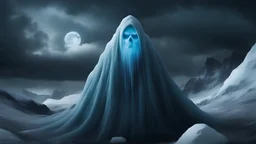 an ice ghost undead deathless, faceless; horrible grimace, monster, horrifying ice wraith, floating hovering; evil spirit, bright blue eyes, a shimmer of blue magic; frozen landscape, glacier in the background; dark skies, night time, full moon, storm clouds; stony ground, icy rocks;