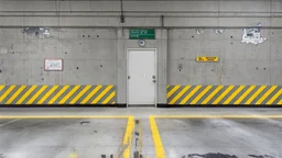 wall design for parking garage, concrete, yellow painted hazard lines, weathering and water stains, in middle is a doorway with small window, with a sign is above. rough painted hashmarks and parking lines, add signage found in a parking garage.