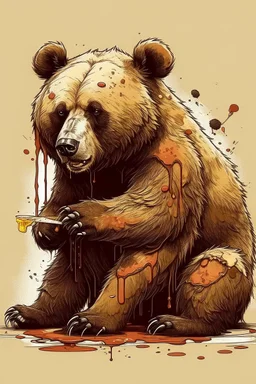 a bear eating honey with blood