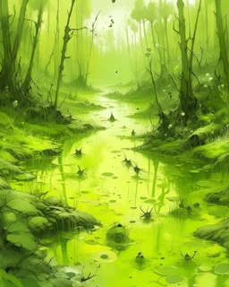 A light yellowish green swamp with bugs in daylight painted by Zosan