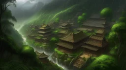 A hyperrealistic digital painting, in the style of a detailed architectural rendering, depicting a village nestled in a lush, vibrant green valley, shrouded in a heavy downpour. The focus is on several intricately detailed houses with roofs constructed entirely of large, overlapping feathers—various shades of brown, grey, and white, subtly iridescent in the rain. The feathers are thick and densely packed, creating a textured, almost fluffy appearance, contrasting with the sleek, dark grey ston
