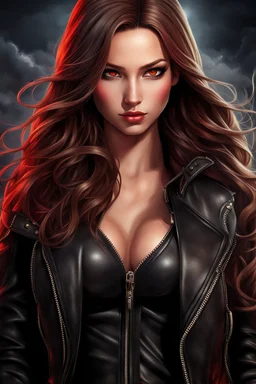 Young woman with long brown hair and red eyes, smirking, confident, a little evil looking, apocalyptic background, high quality, highly detailed, wearing black leather, 8k resolution, anime, digital art