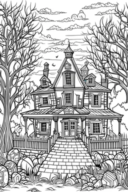 /imagine/ coloring pages, spooky Halloween house, cartoon style, medium lines, low detail, black and white