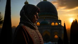 A Palestinian woman wearing an embroidered dress with the Dome of the Rock in front of her during sunset in winter.