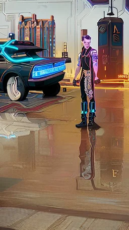 Micheal Jay Fox with his back to the future car standing in front of the tower building in the 80s, illuminated by neon lights, with a look of determination on her face, The scene is highly detailed and intricate, with a cyberpunk vibe. the portrait is in a sharp focus with a digital painting style inspired by the works of syd mead and simon stålenhag. the artwork is created using stable diffusion and can be found on artstation trending page.