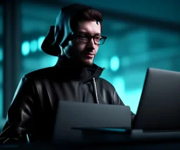 hacker, running with a black laptop, cyberpunk