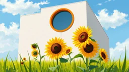 a painterly impressionist depiction of a modern building with a large circular window, filled with orange framing, set against a bright blue sky with soft clouds. The building's exterior is a textured off-white. In the foreground, vibrant green grass and several sunflowers in various stages of bloom are depicted with bold, energetic brushstrokes. The scene captures a bright, sunny day with strong contrasts between light and shadow, rendered in a style reminiscent of oil painting with visible bru