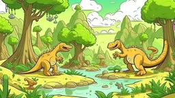 Cartoon illustration for children: jurassic millions of years ago, with towering prehistoric trees, bubbling mud pits