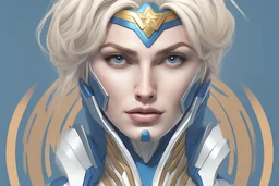 A realistic white blonfr wonder woman in a titanium cybernetic blue suit, detalhado, designe perfeito, alta qualidade arestas perfeitas e simetricas ::n_desenho de estilo, Low-quality imperfection, boneco, game, anime