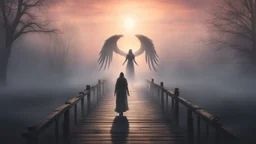 walking straight ahead over a wooden bridge, holding the angel of death with your right hand, entering the fog at the end of the road that leads to the afterlife, and a beautiful sunset and galaxy's behind the fog, realistic