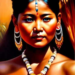 Drawing of 'woman from Saan tribe',sweet stare,painting by Earl Norem, simon Bisley,frazetta,西嘛哒, evan lee, Vallejo,kelly oil on canvas, cinematic composition, extreme detail,fit full head inside picture,8k