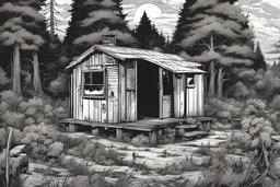 night, administrative camping cabin, overgrown, post-apocalyptic, comic book, camp site signs