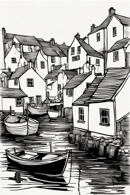 English fishing village ink minimalist loose outline sketch