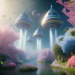 Spaceship landed on lake, sunny day. clear sky, cascade, blue trees, flowers. Elegant. Extremely detailed. Award winning photography. Fantasy. 8k. Cinematic lighting. Photorealistic. Dynamic lighting. Imperial colors. Crisp quality. Unreal Engine. Colourful cinematic postprocessing. Pixar. VRay.