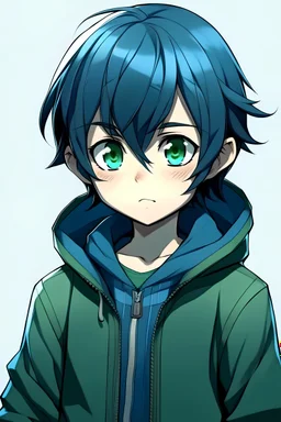 Anime child boy with greenish blue jacket with a black hair and blue mask