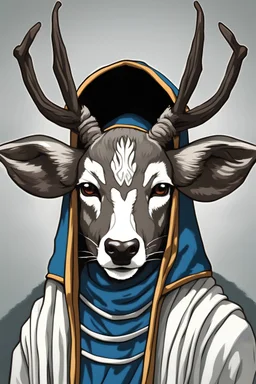 Portrait of a deer sith with four ears, wearing blue and white robes and a hood