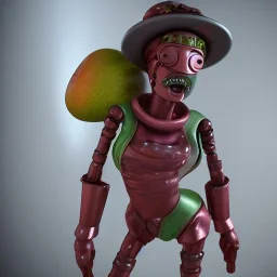 Female Fruit bot steam punk 3d cgi character very detailed and funny,8k,HD, cinematic,big Mellon's, unreal engine