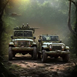 vietnam war. war report. jeep in jungle. poster. bokeh. lens flare. warm lights. high detailed