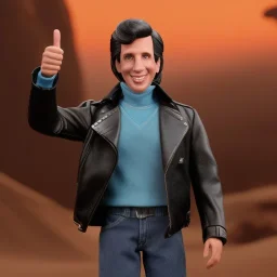 wide view Henry winkler as young Fonz with black hair greaser figure doll 1975 (thumbs-up) (face) Forehead grin, fonzarelli, ((arnold's drive-in)) fonzie