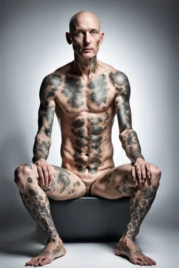 a full body display of a beautiful man with cancer, his skin composed of cancer shaped cells, they cover his entire body like a tattoo, symbolic for wearing his illness on the outside, no hair, in a dramatic pose in a photo studio, he sits with his face slightly hidden as he is shamed, lighting with focus on skin, ultra photo realistic, 32k, highly detailed,. selective colors