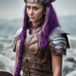 viking queen with purple armor, delicate purple braided hair, white flowing dress, highly detailed, 8k, ambient light, atmospheric lighting, nina dobrev