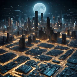 futuristic photo realistic Landscape of city made of circuit board computer chips, Port area , realistic high detail, stary night