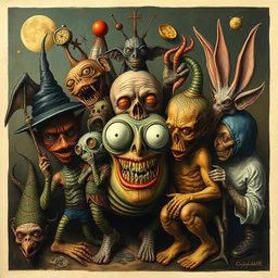 The oddest composition and mixture of beings, dadaism, Hyeronymus Bosch, details very accentuated, Max Ernst style, oniric, freaks, George Grosz, James Ensor, distorted, blatant, gross, mundane