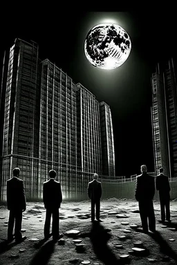 THE MOON HIDDEN SHADOWY FIGURES beuracracy in old abandoned skyskraper meeting big brother STYLE OF HIROKU OGAI