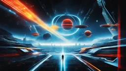 tron legacy movie, city of lights blue, red and yellow , programs, space ships, clouds, planets