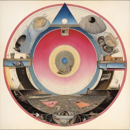 One Slip, Style by Gerald Scarfe, by Gabriel Pacheco and Paul Laffoley, Pink_Floyd album cover for Momentary Lapse of Reason, album cover art, sharp colors, mysterious