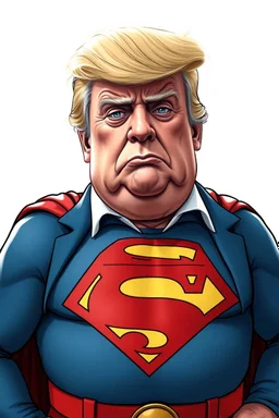 a thoroughly confused, frail, elderly and obese donald trump standing dressed as cartoon superman