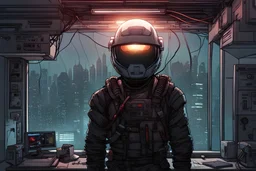 a man with a complex helmet large visor connected to wires, cyberpunk, window at the city, fog, hovering cars, comic book art style, night time,